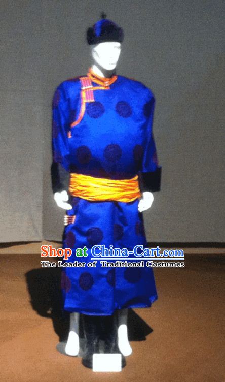 Blue Mongolian Long Robe and Hat for Men