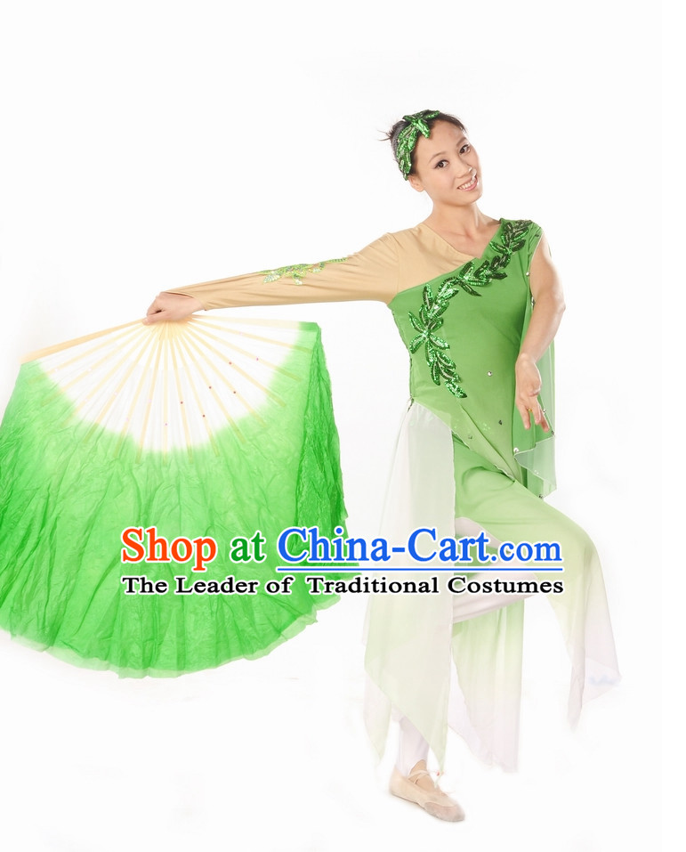 Green White Pure Silk Dancing Fan