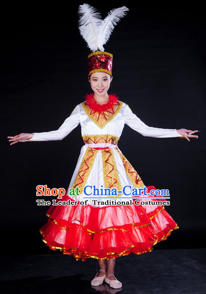 China Stage Ethnic Xinjiang Dance Costume and Headpiece