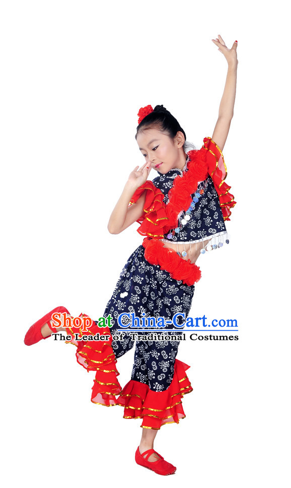 Folk Dance Costumes and Red Flower Hair Decorations for Kids