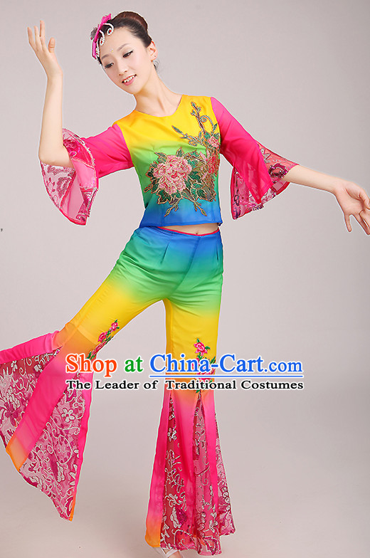 Stunning Beatiful Chinese Peony Fan Dance Costumes Dancing Clothes and Headpieces Complete Set for Woen