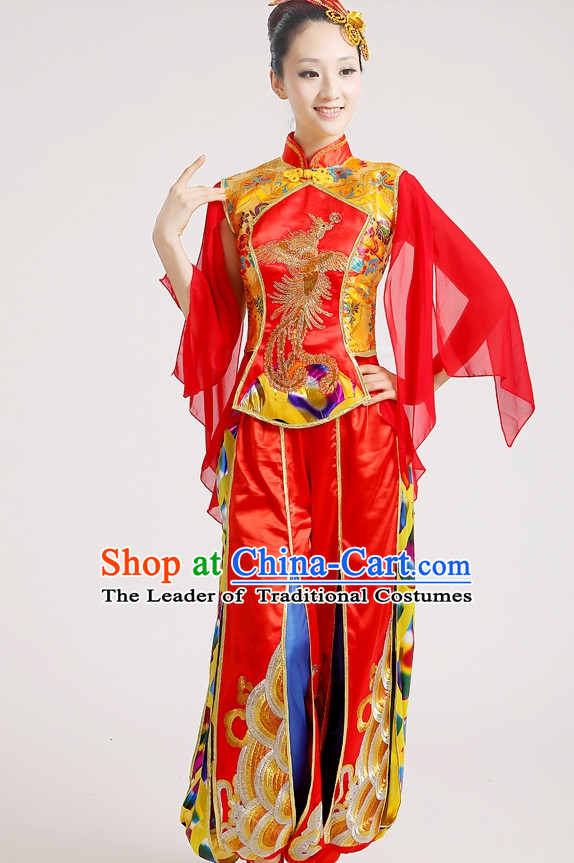 Chinese Folk Group Drum Dance Costumes and Headpieces Complete Set for Woen