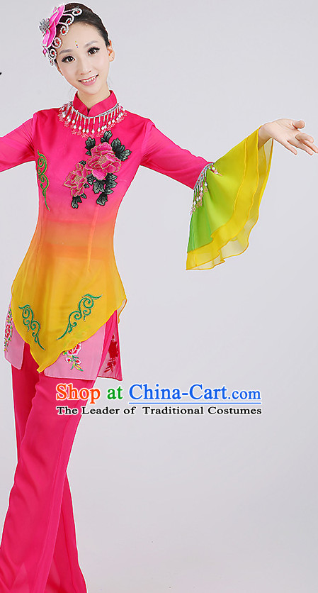 Wide Sleeves Chinese Group Fan Dance Costumes and Headpieces Complete Set for Woen
