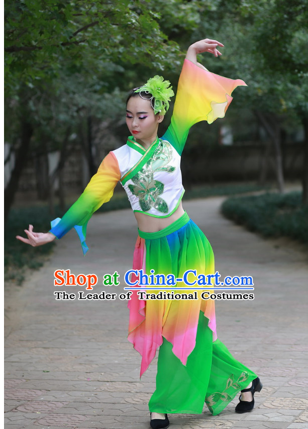 Chinese Folk Fan Dance Costume and Headdress Complete Set