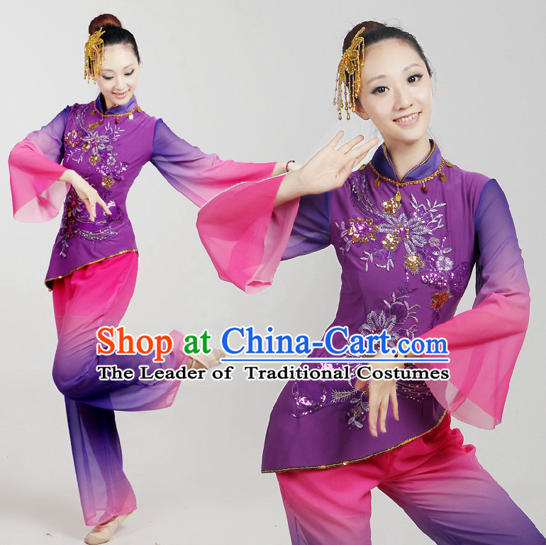 Chinese Folk  Dance Costumes Ribbon Dancing Costume Dancewear China Dress Dance Wear and Hair Accessories Complete Set