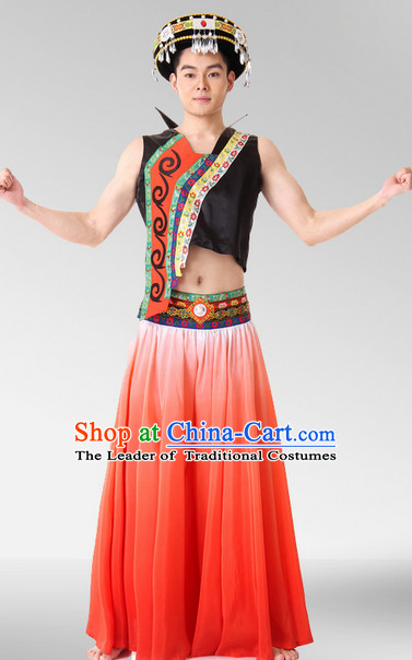 Chinese Stage Celebration Ethnic Dancewear and Hat Complete Set for Men