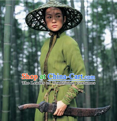 Ancient Chinese Swordswoman Costume and Bamboo Hat Complete Set for Women or Men