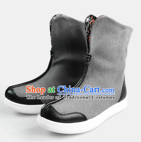 Traditional Chinese Style Classic Handmade Grey Boots for Men