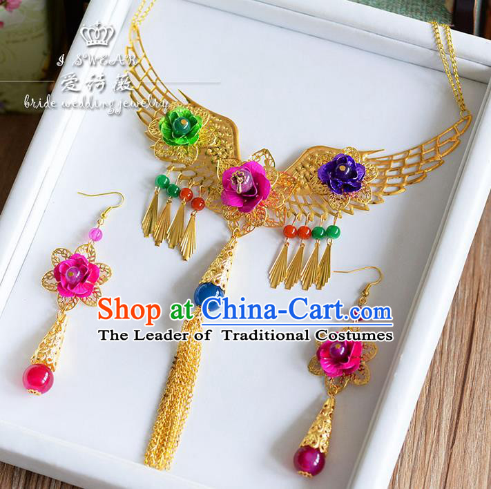 Chinese Ancient Style Jewelry Accessories, Traditional Earrings, Princess Hanfu Xiuhe Suit Wedding Bride Necklace, Necklace and Earrings Women