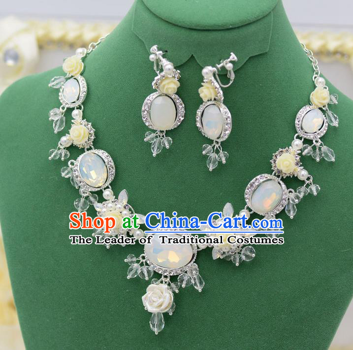 Traditional Wedding Jewelry Accessories, Palace Princess Bride Accessories, Engagement Necklaces, Wedding Earring, Baroco Style Crystal Opal Necklace Set for Women