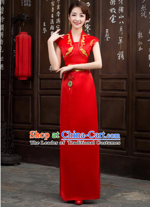 Ancient Chinese Costumes, Manchu Clothing Qipao, Improved Long Silk Cheongsam, Traditional Red Cheongsam Wedding Toast Dress for Bride