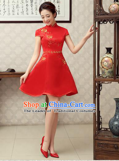 Ancient Chinese Costumes, Manchu Clothing Qipao, Hotel Etiquette Improved Short Cheongsam, Traditional Red Cheongsam Wedding Toast Dress for Bride