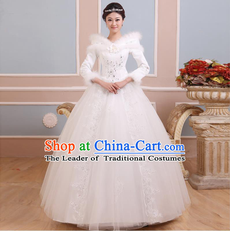 Traditional Chinese Large Size Bride Off Shoulder Wedding Dress, Floor Length Thicken Wedding Dress for Women