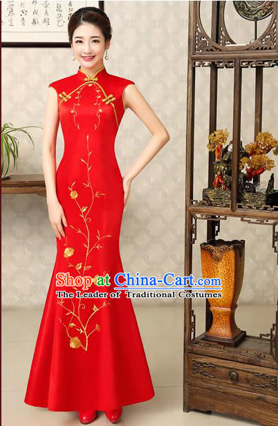 Ancient Chinese Costumes, Manchu Clothing Qipao, Retro Mandarin Collar Embroidered Long Silk Cheongsam, Traditional Fish Tail Red Cheongsam Wedding Toast Dress for Bride