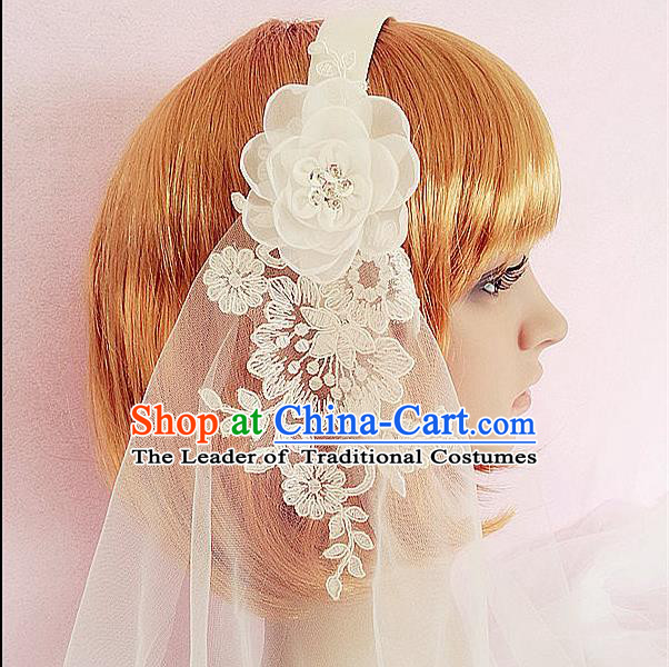 Chinese Wedding Jewelry Accessories, Traditional Bride Headwear, Wedding Tiaras, Imperial Bridal Baroco Style Wedding Lace Long Veil Hair Clasp