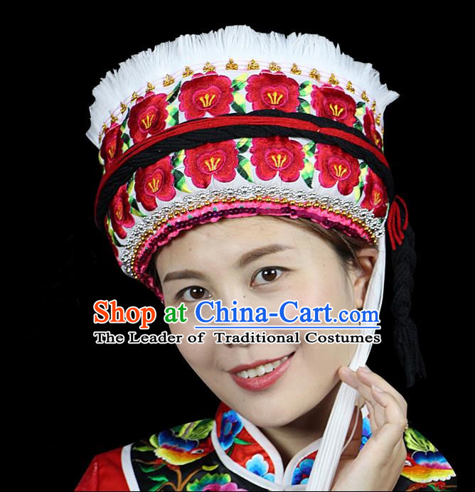 Chinese Traditional Bai Minority Hmong Folk Ethnic Hat, Bai Ethnic Embroidery Flowers Hat for Women