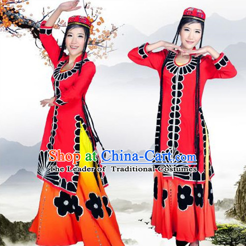 Traditional Chinese Uyghur Nationality Dancing Costume, Xinjiang Uygur Female Folk Dance Ethnic Pleated Skirt, Chinese Minority Nationality Embroidery Costume for Women