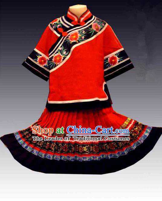 Traditional Chinese Miao Nationality Dancing Costume, Hmong Children Folk Dance Ethnic Dress, Chinese Minority Tujia Nationality Embroidery Costume for Girls Kids