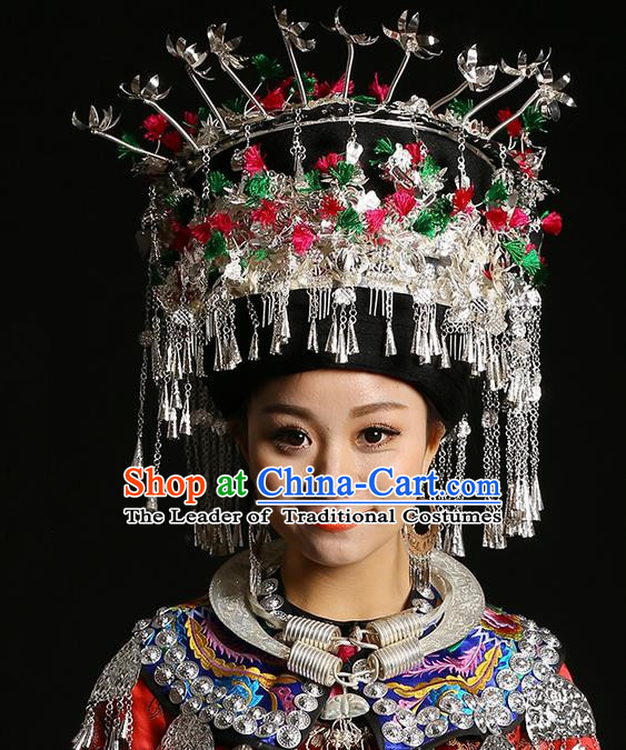 Traditional Chinese Miao Nationality Wedding Accessories Crown, Hmong Female Wedding Ethnic QingSiPa Silver Headwear, Chinese Minority Nationality Hat for Women