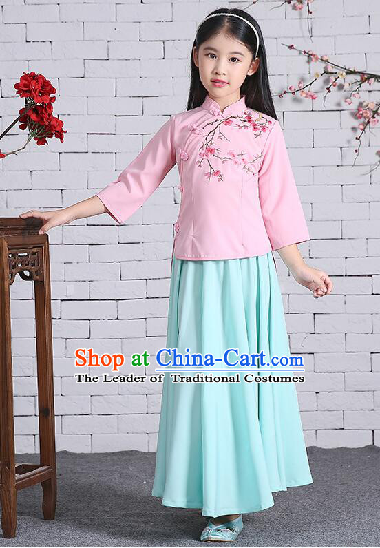 Chinese Traditional Dress for Girls Long Sleeves Kid Children Min Guo Clothes Ancient Chinese Costume Stage Show Pink Top Blue Skirt