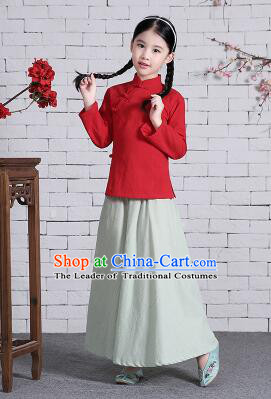 Chinese Traditional Dress for Girls Wu Si Period Student Dress Kid Children Min Guo Clothes Ancient Chinese Costume Stage Show Red Top Gray Green Skirt