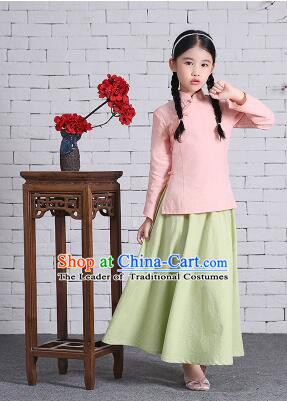 Chinese Traditional Dress for Girls Wu Si Period Student Dress Kid Children Min Guo Clothes Ancient Chinese Costume Stage Show Pink Top Green Skirt