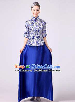 Traditional Chinese Modern Dancing Costume, Female Chorus of Blue and White Porcelain Dress, Folk Dance Yangko Costume For Women
