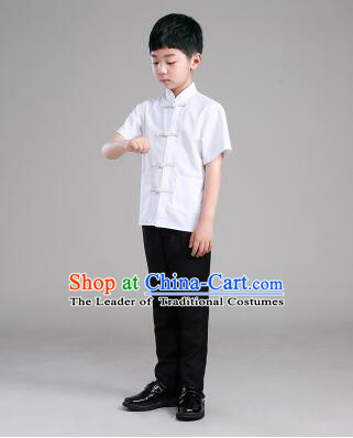 Chinese Traditional Clothes for Children Boy Short Sleeves Tang Suit Show Stage Costume White