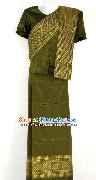 Traditional Asian Thai Costume Complete Set, Thai Waitress High Grade Silk Gold Thread Fabrics Shawl Suit for Women