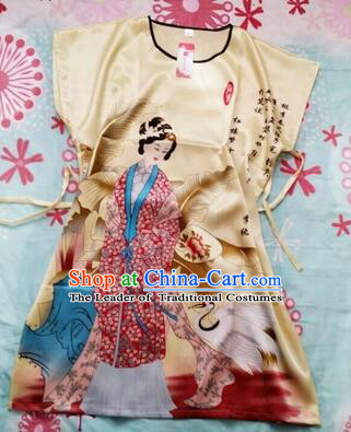 Night Gown Women Sexy Skirt Ancient China Style Chinese Traditional Beauty Pattern Night Suit Nighty Bedgown Yellow