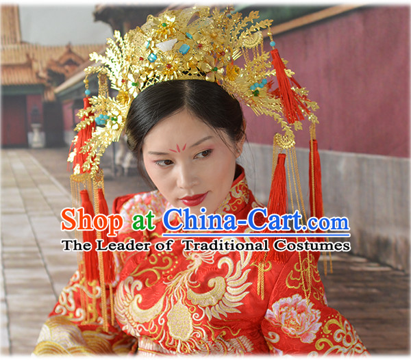 Chinese Qing Dynasty Xiuhe Suit Wedding Hair Accessories, Imperial Empress Handmade Phoenix Headpieces For Women