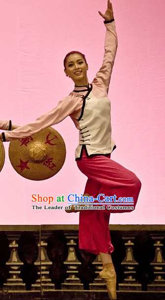 Professional Chinese Red Army Dance Costumes and Bamboo Hat for Women Adults Kids