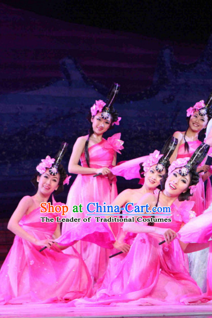 Chinese Peach Blossom Dance Costumes and Headpieces Complete Set for Women