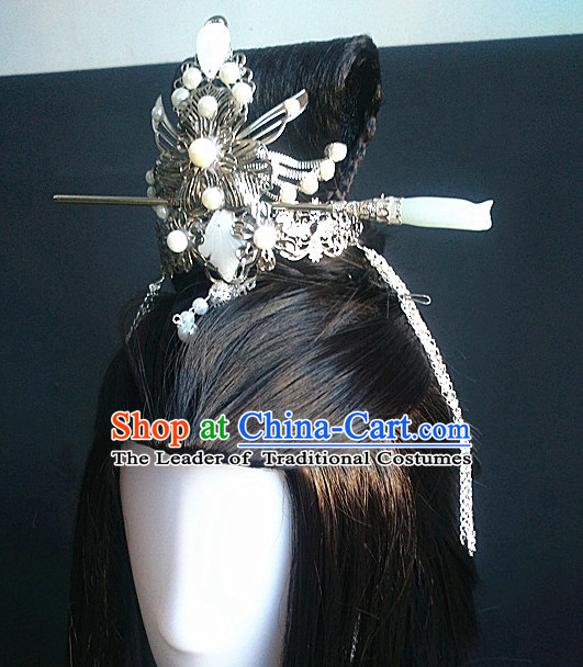 Traditional Chinese Princess Long Black Wigs and Hairpieces Headpieces Hair Jewelry Set
