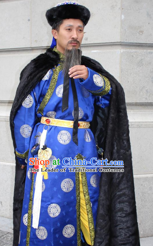 Asian Chinese Emperor Long Dresses Hanfu Costume Clothing Chinese Robe Chinese Kimono Mantle and Hat Complete Set for Men