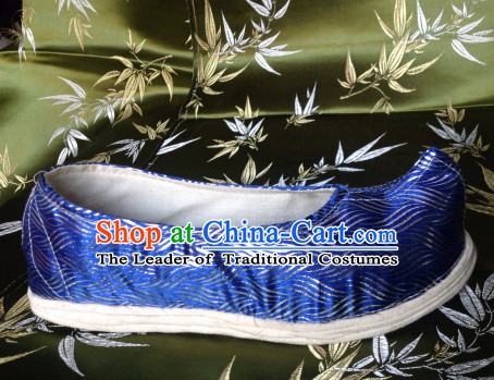 Blue Chinese Ancient Handmade Traditional Bow Fabric Shoes for Women and Girls