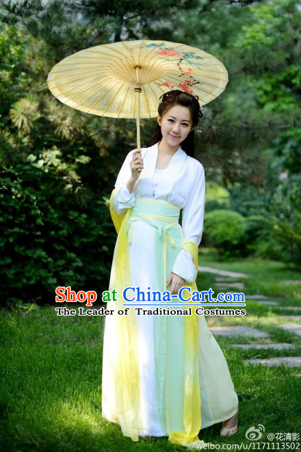 Ancient Chinese Hanfu Lady Clothes and Umbrella Complete Set