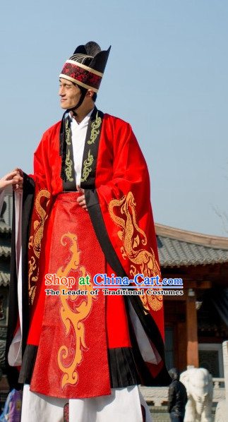 Ancient Chinese Clothing Dress Garment and Hat Complete Set for Men