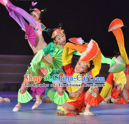 Chinese Traditional Festival Stage Fan Dance Dress Dancewear Costumes Dancer Costumes Dance Costumes Chinese Dance Clothes Traditional Chinese Clothes Complete Set for Kids