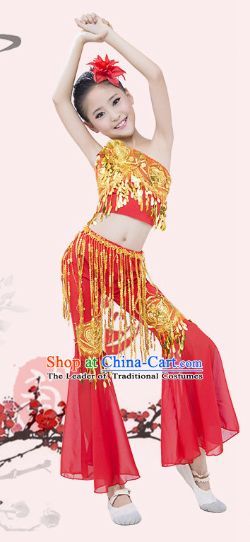 Red Chinese Traditional Stage Dai Minority Ethnic Peacock Dance Dancewear Costumes Dancer Costumes Dance Costumes Clothes and Headdress Complete Set for Girls Kids