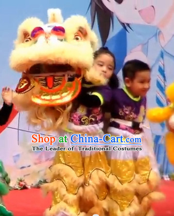 Light Yellow Color Top 100_ Natural Long Wool Middle School Lion Dance Costumes Complete Set for Kids Children Boys Girls