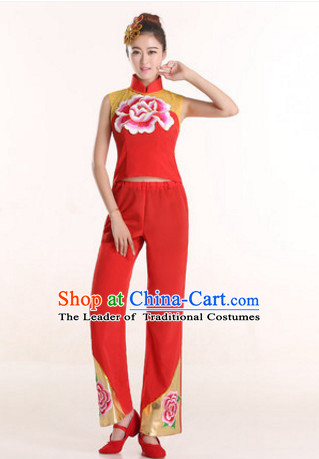 Sleeveless Chinese New Year Fan Dance Costumes and Headdress Complete Set for Women