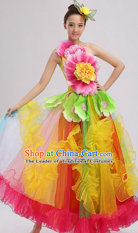 Yellow Chinese Folk Peony Flower Dance Costumes and Headdress Complete Set for Women
