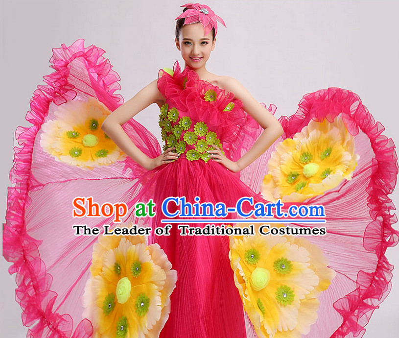 Chinese Stage Performance Flower Dance Costume and Headdress Complete Set for Women