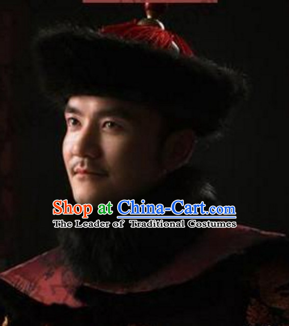 Black Chinese Traditional Qing Dynasty Official Fur Hat for Men