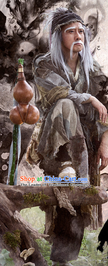 Chinese Ancient Beggar Group Costumes Clothing Complete Set for Men
