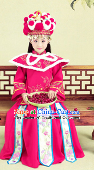 Chinese Traditional Stage Performance Costumes and Hat Complete Set for Kids