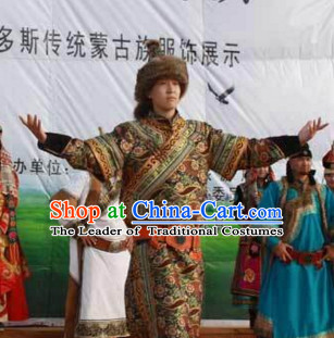 Chinese Traditional Ethnic Mongolian Emperor Dresses Wear Clothing and Hat Complete Set for Men