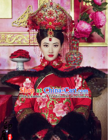 Chinese Empress Manchu Women's Wedding Bridal Clothing _ Apparel Chinese Traditional Dress Theater and Reenactment Costumes and Headwear Complete Set