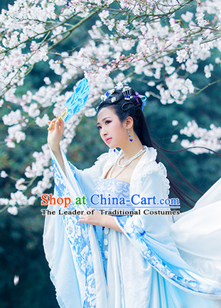Light Blue Ancient China Princess Garment Traditional Imperial Queen Costumes High Quality Chinese Empress National Costumes and Accessories Complete Set for Women